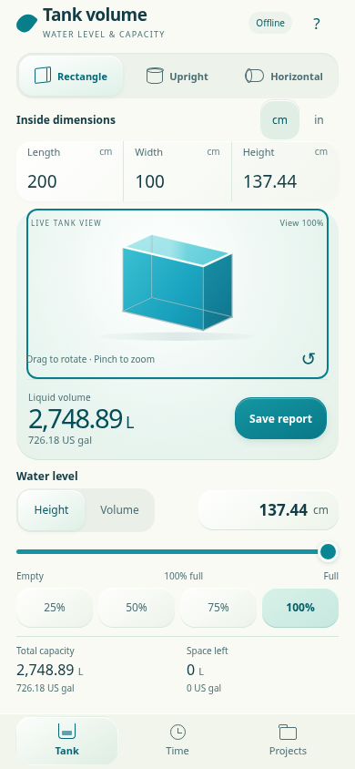Actual Tank Volume calculator interface